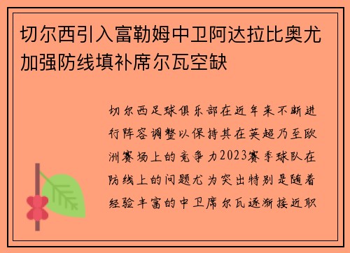 切尔西引入富勒姆中卫阿达拉比奥尤加强防线填补席尔瓦空缺